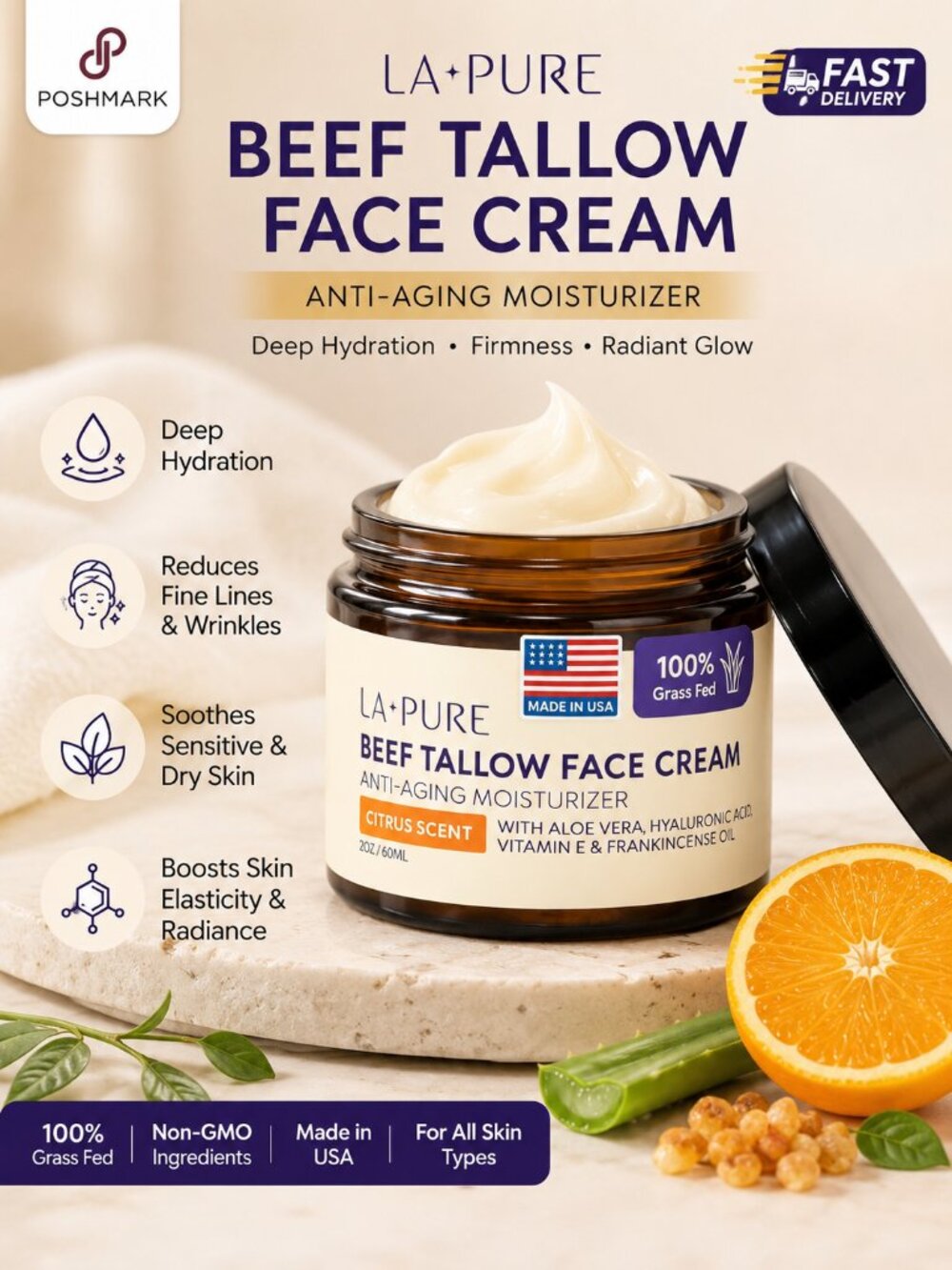Beef Tallow Face Cream for Dry & Sensitive Skin | Grass-Fed Moisturizer with Alo